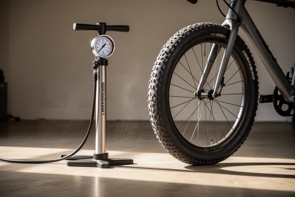 Pompe à pied et manomètre à côté d'une roue de vélo de route sur le sol d'un garage