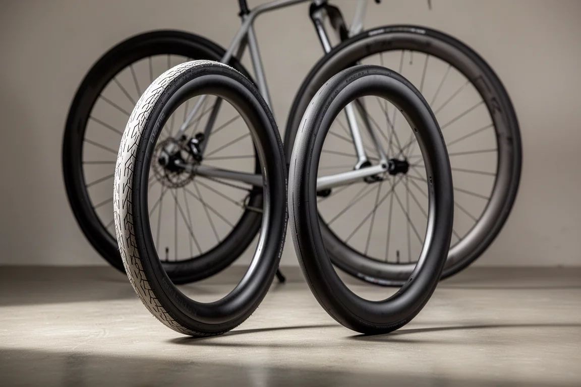 コンクリート上に並んだ2本のワイドなロード用自転車タイヤ、背後には深リムホイール