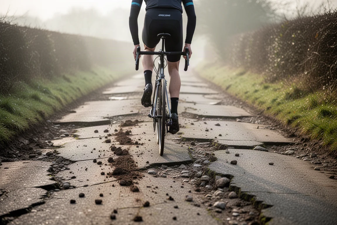 Cyclist riding a road bike along a broken country lane with gravel and mud on cracked tarmac