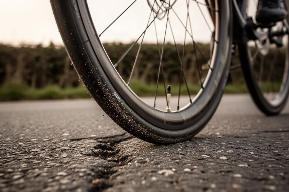 Close-up of a wide road tire cornering on rough asphalt with grit on the rubber