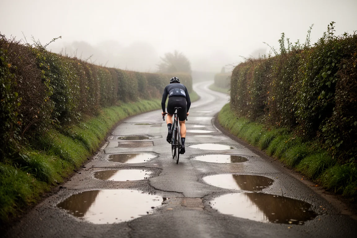 Road cyclist descending a narrow twisty lane with puddles and potholes in overcast light