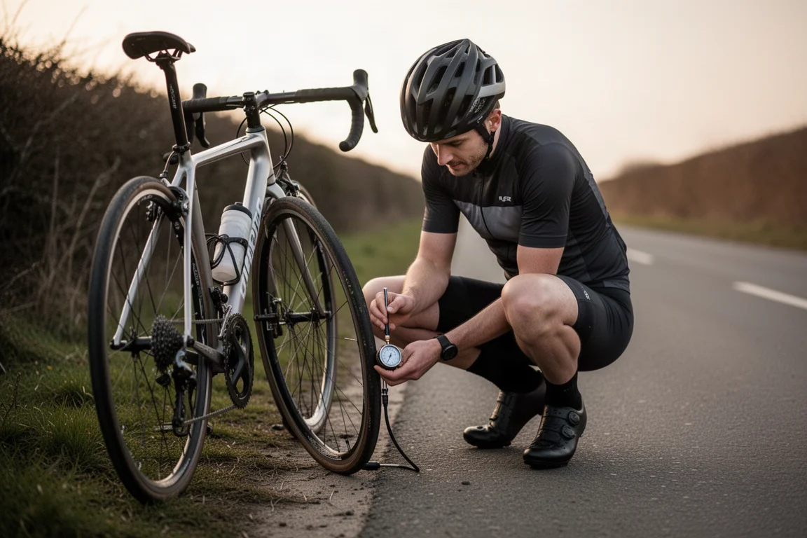 Cyclist crouched beside a road bike checking tire pressure at the roadside in evening light