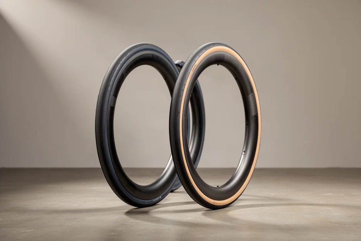 Two wide slick road bike tires standing side by side on a matte concrete surface