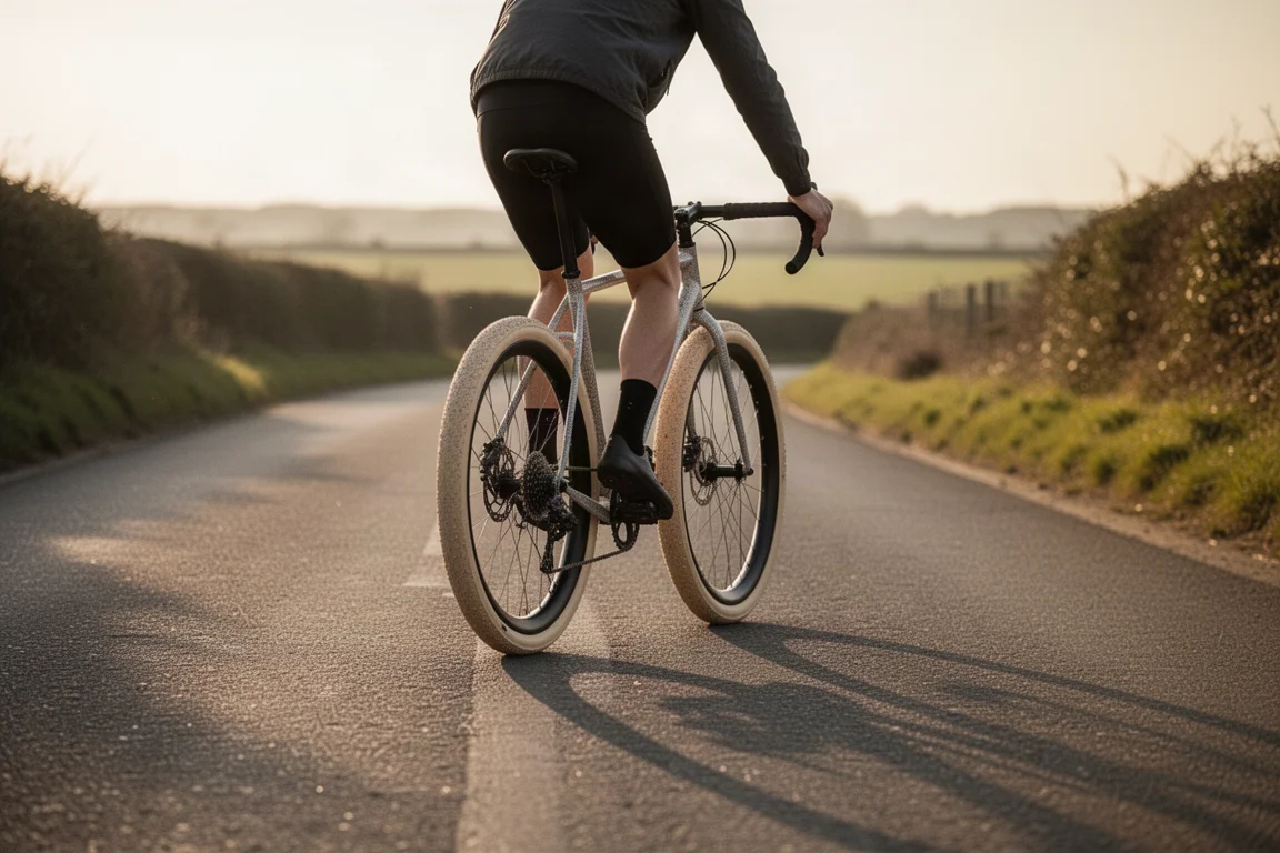 Cyklist på en cykel med breda däck som cyklar på en tom landsväg i gyllene ljus