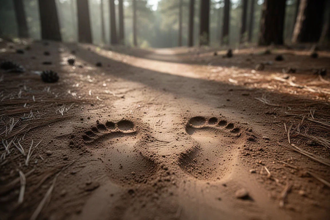 Ein breit gespreizter Fußabdruck im feuchten Wanderweg-Schlamm bei niedrigem Morgenlicht