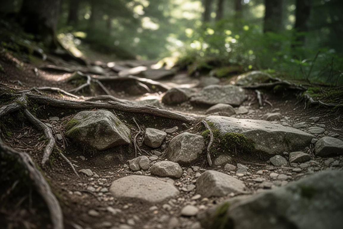 Felsige, wurzelbedeckte Bergpfad-Oberfläche in gefiltertem Waldlicht
