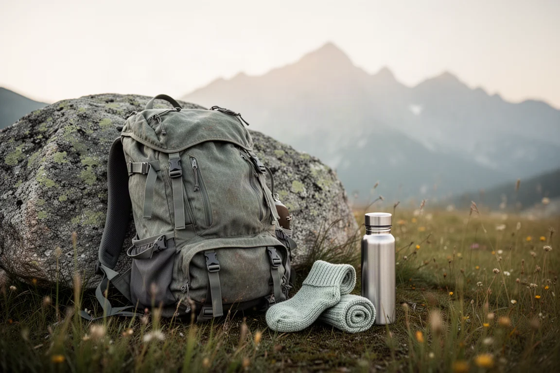 Wanderrucksack an einem Granitfelsen mit Socken und Flasche auf einer Wiese