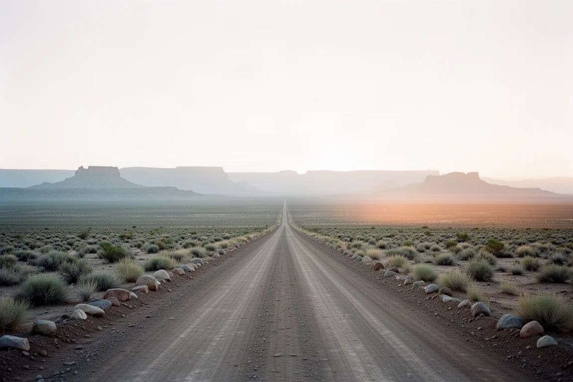 黎明时分,一条笔直的土路穿过开阔的沙漠平原