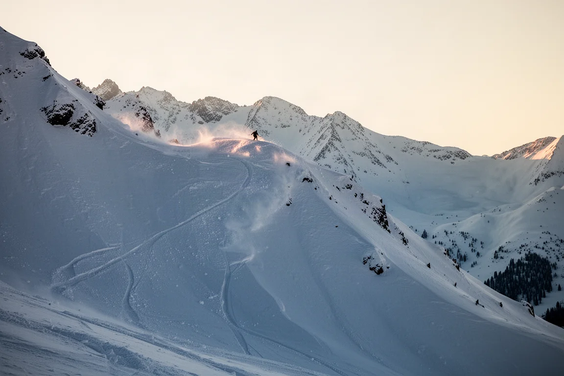 Steiles, unverspurtes Alpines Powder-Hang bei Sonnenaufgang mit der Silhouette eines Skifahrers in der Ferne
