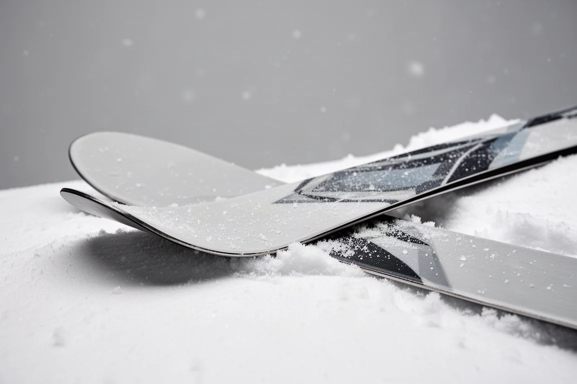 Nahaufnahme der Rocker-Kurve einer breiten Powder-Skispitze im tiefen, frischen Schnee