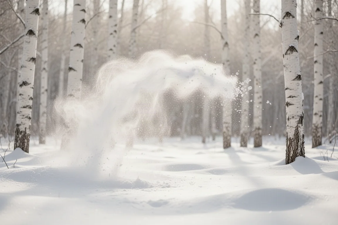 Powderschneefahne, die sich durch einen sonnenbeschienenen Birkenhain zieht