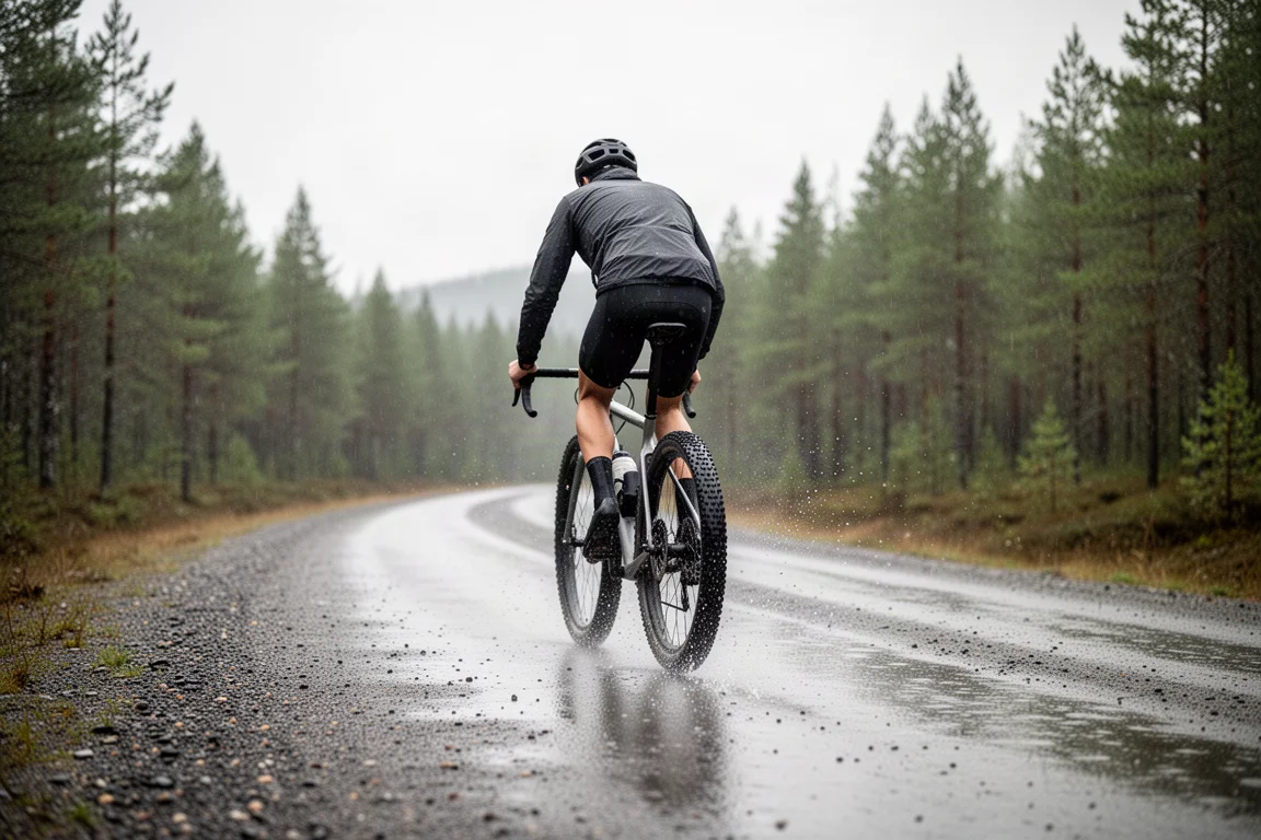 Ciclista en una bici gravel de manillar de carretera rodando por una carretera mojada entre un bosque de pinos