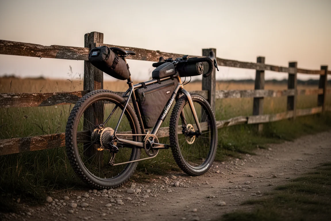 Bici gravel cargada apoyada contra una valla de madera en un camino de tierra al atardecer