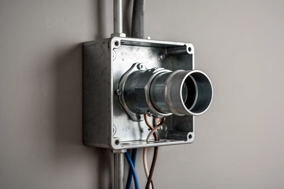 Elektro-Abzweigdose mit Leitungsfittings an einer Wand