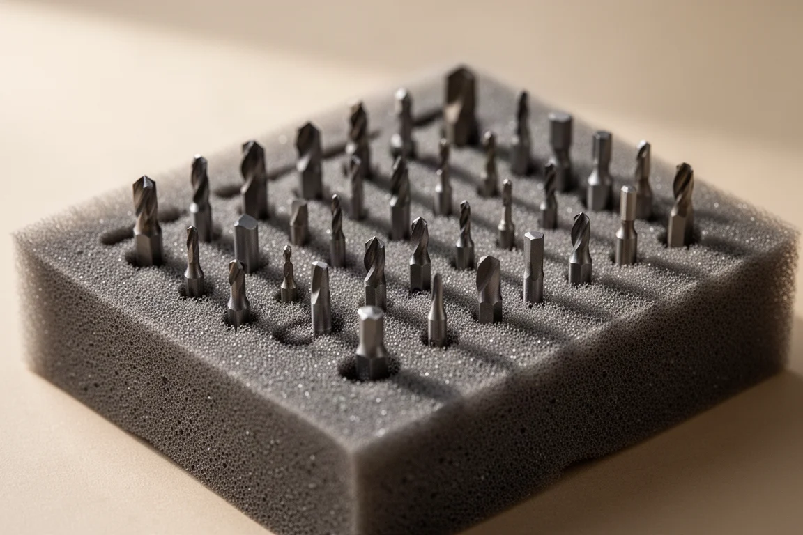 Close-up van een rubberen schuimlade voor bits met kleine precisiebits