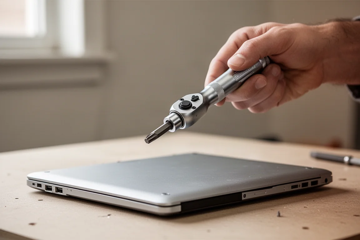 Persoon gebruikt een kleine ratelschroevendraaier om een schroef uit een laptopbehuizing te halen