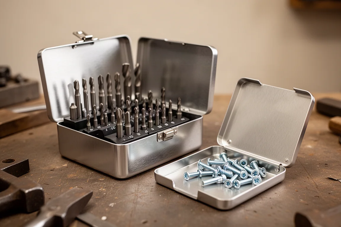Geopende metalen bit-set doos waarvan het deksel is tergeklapt als onderdelenlade op een werkbank