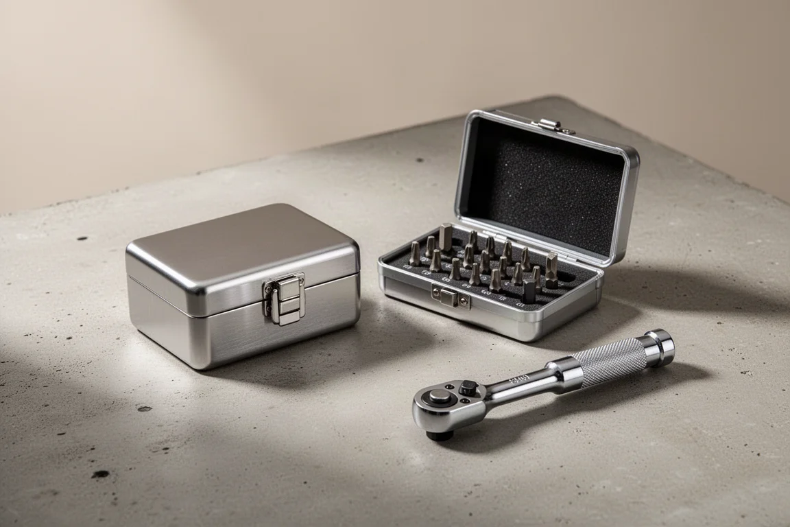 Three Wiha Go Box bit kit cases and a ratchet driver on a concrete surface