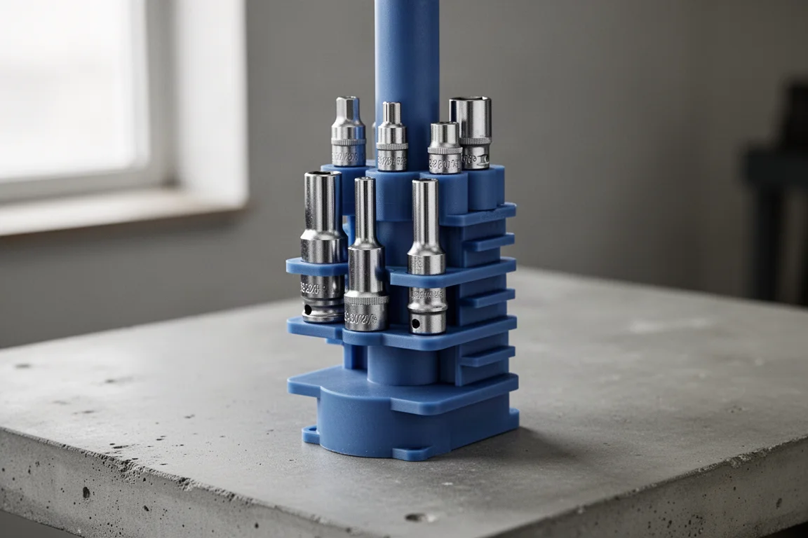Metric impact sockets stacked on a blue vertical storage column