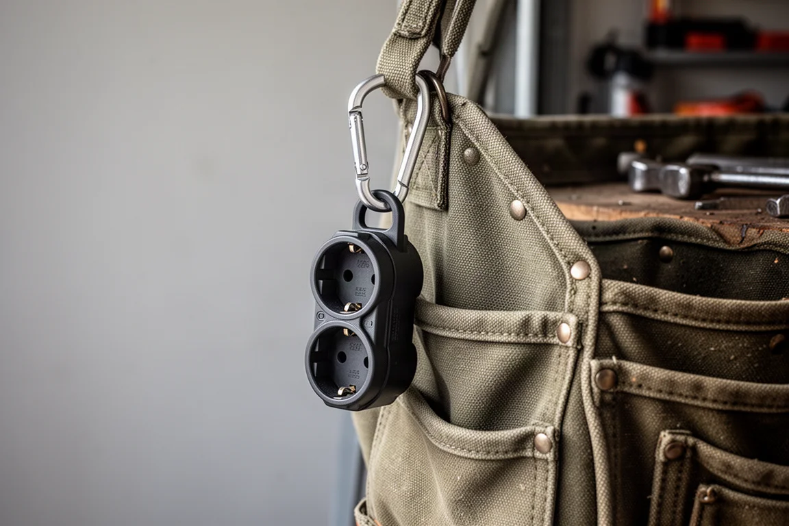Carabiner clipped to a socket holder on a tool bag