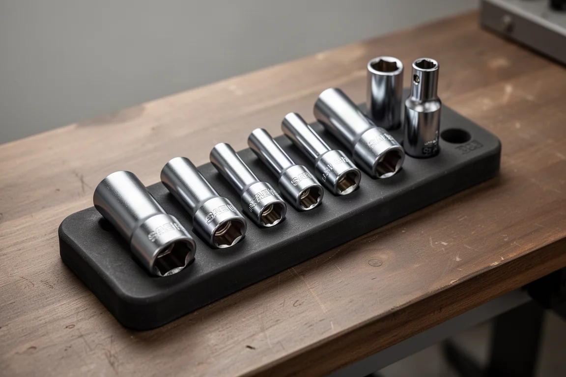 SAE impact sockets seated in a rubberized flat holder