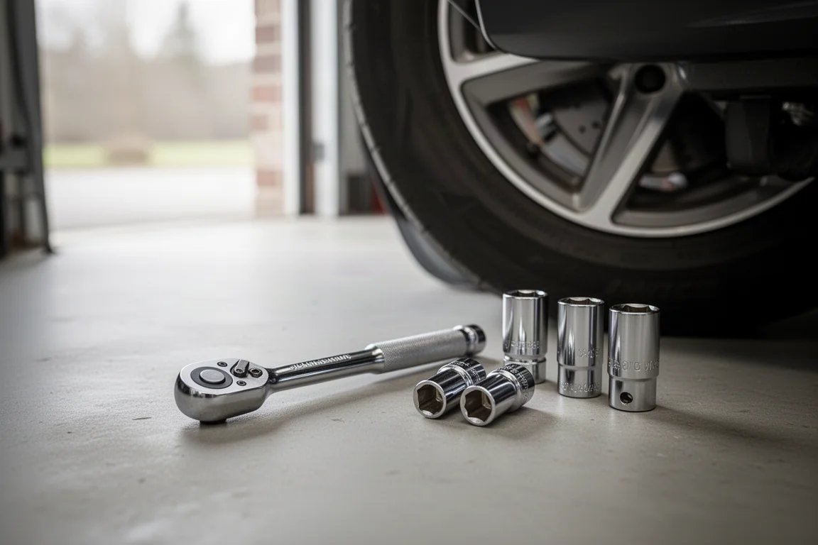 3/8-drive ratchet and sockets on a garage workbench