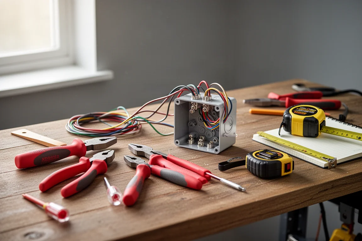 Werkbank van een elektricien met handgereedschap naast lopende elektrische werkzaamheden