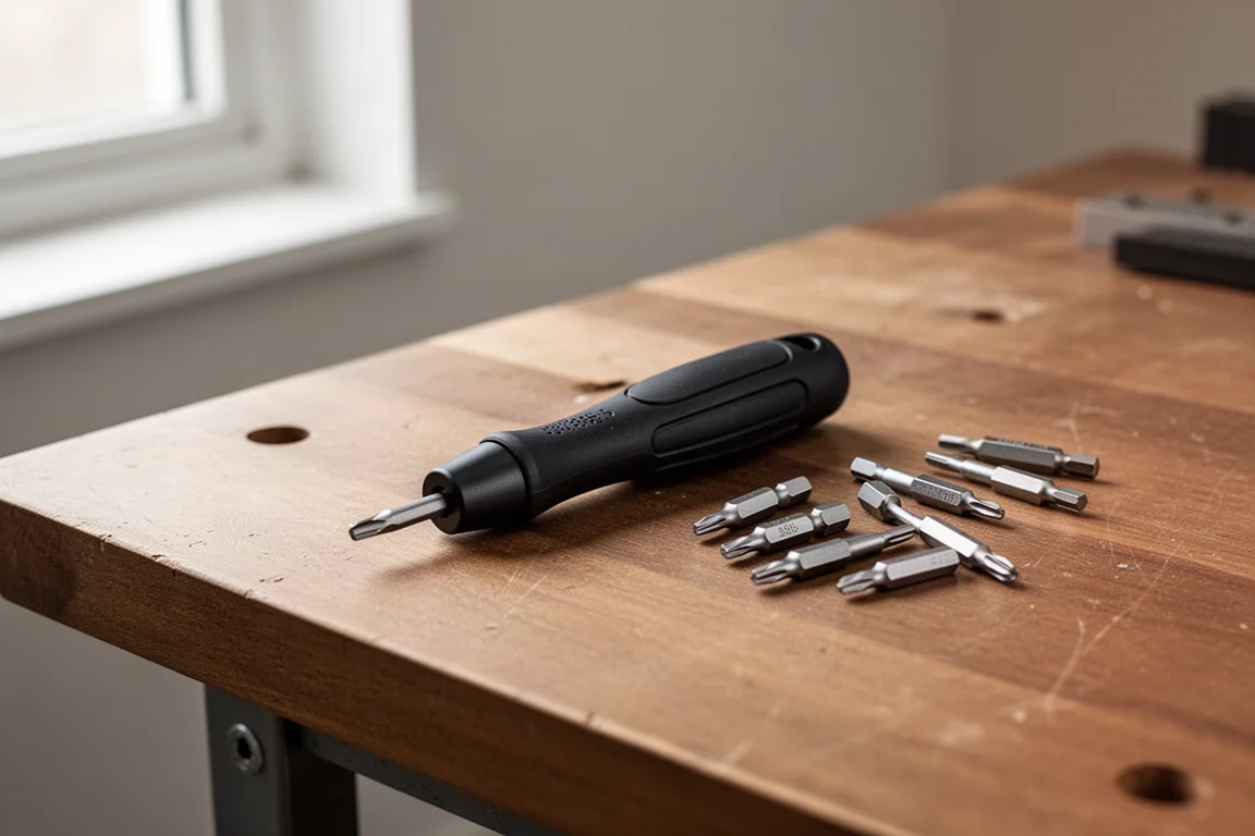 Multi-bit screwdriver handle held in a well-lit workspace beside small tools
