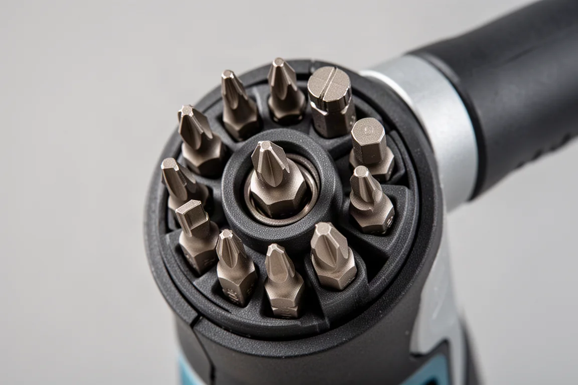 Close-up of a rotating bit carousel with double-sided bits inside a screwdriver handle