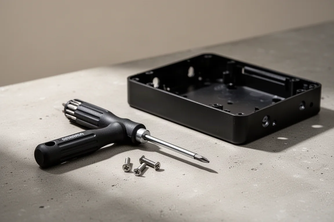 Technician's workbench with a screwdriver, fasteners, and small electronics parts in natural light