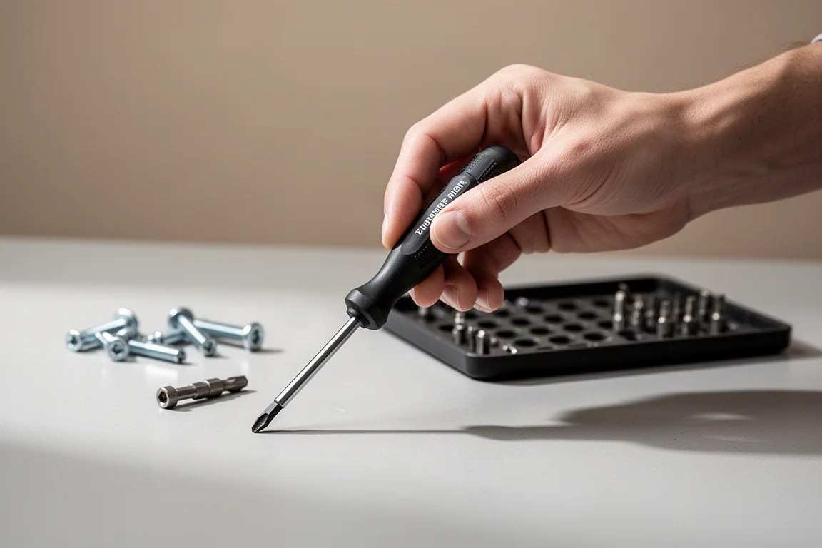 Hand reaching for a screwdriver on a clean workbench during a small repair