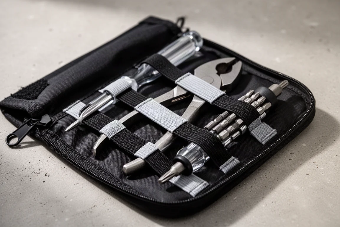 Open tool pouch showing contrasting grey and black elastic grid holding tools