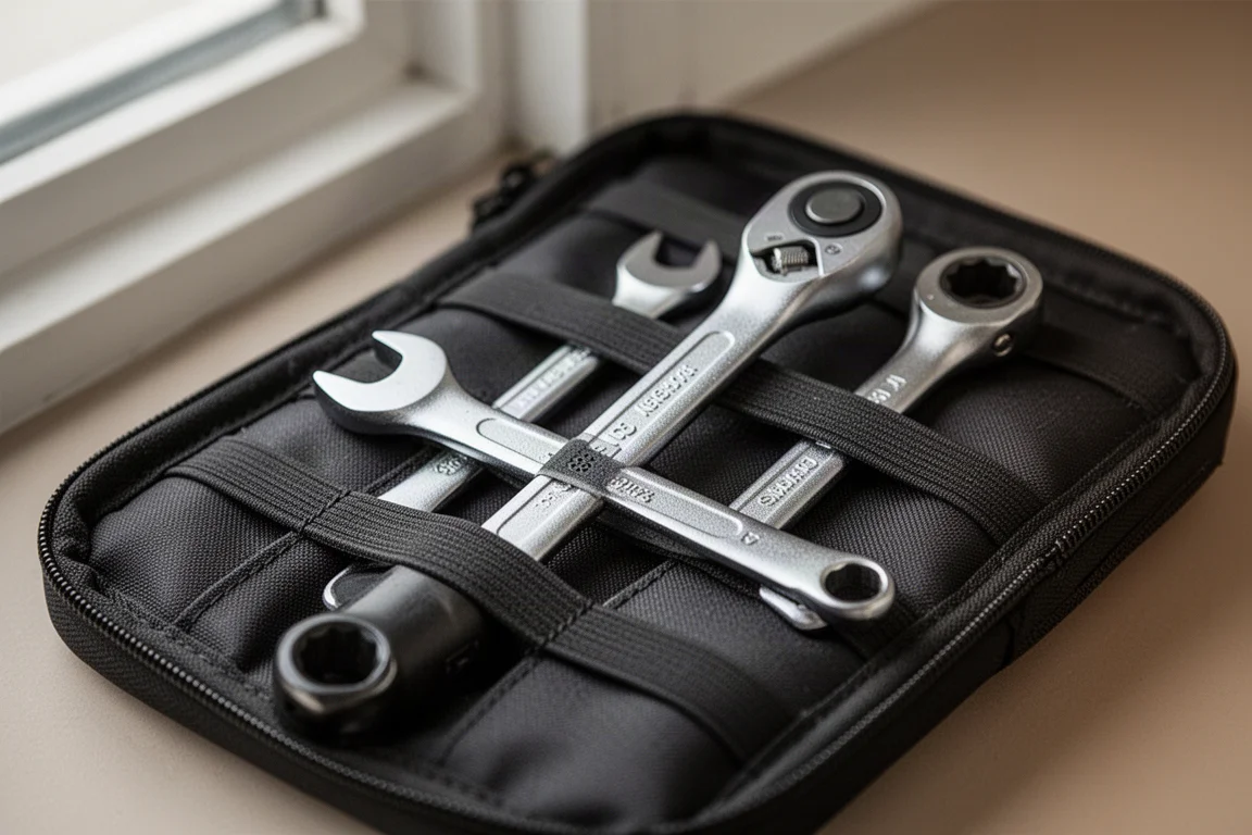 Adjustable wrench and ratchet sliding into elastic bands of a tool pouch