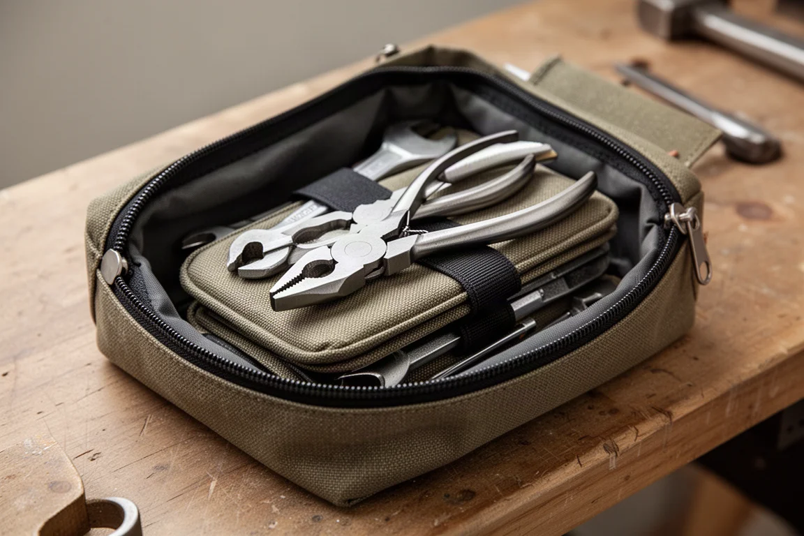 Tools stacked in layers inside a deep zippered pouch that still closes easily