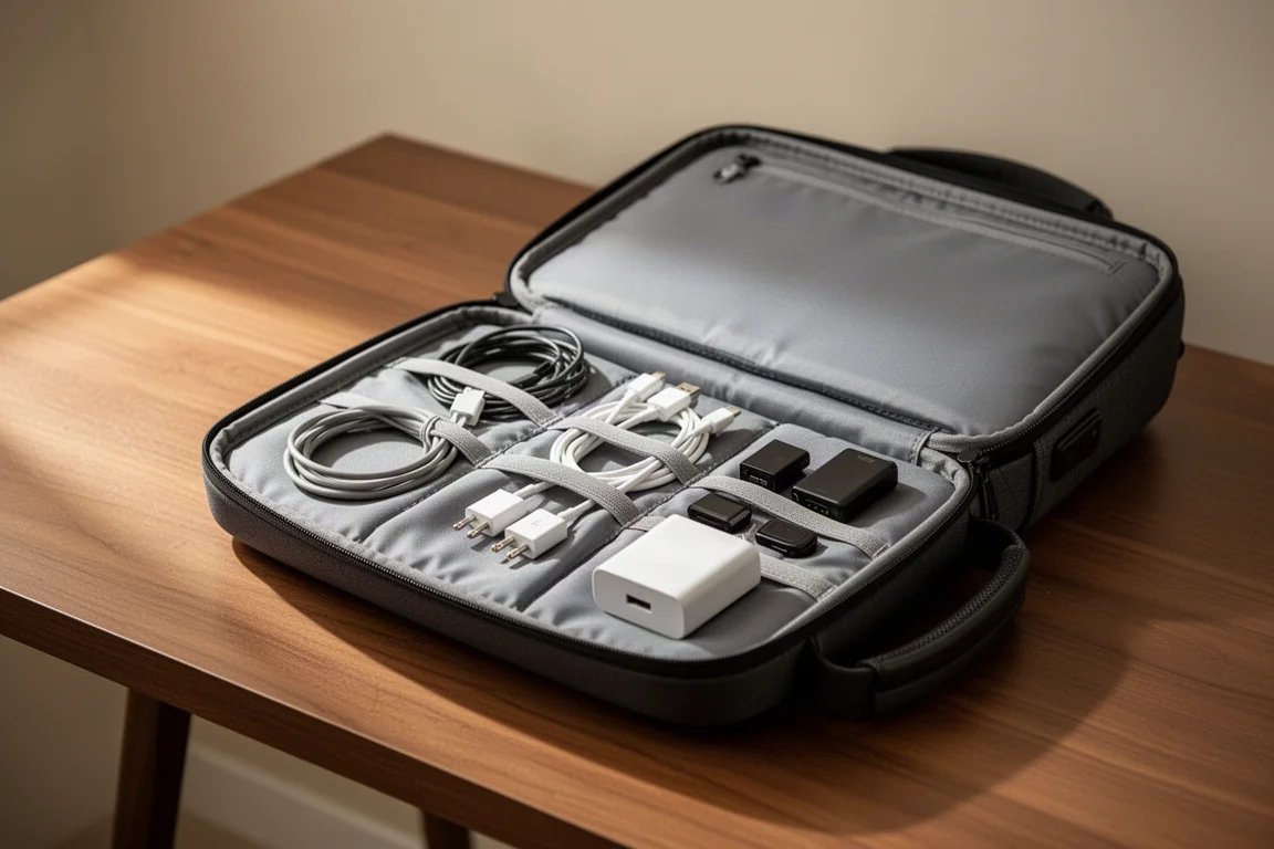 Travel computer bag open on a desk with cables and small accessories organized inside