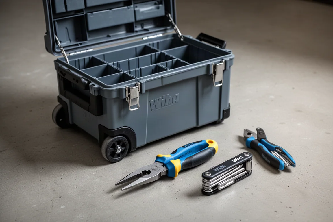 Wiha rolling tool kit, BiCut cutters and PocketStar hex keys arranged on a concrete floor