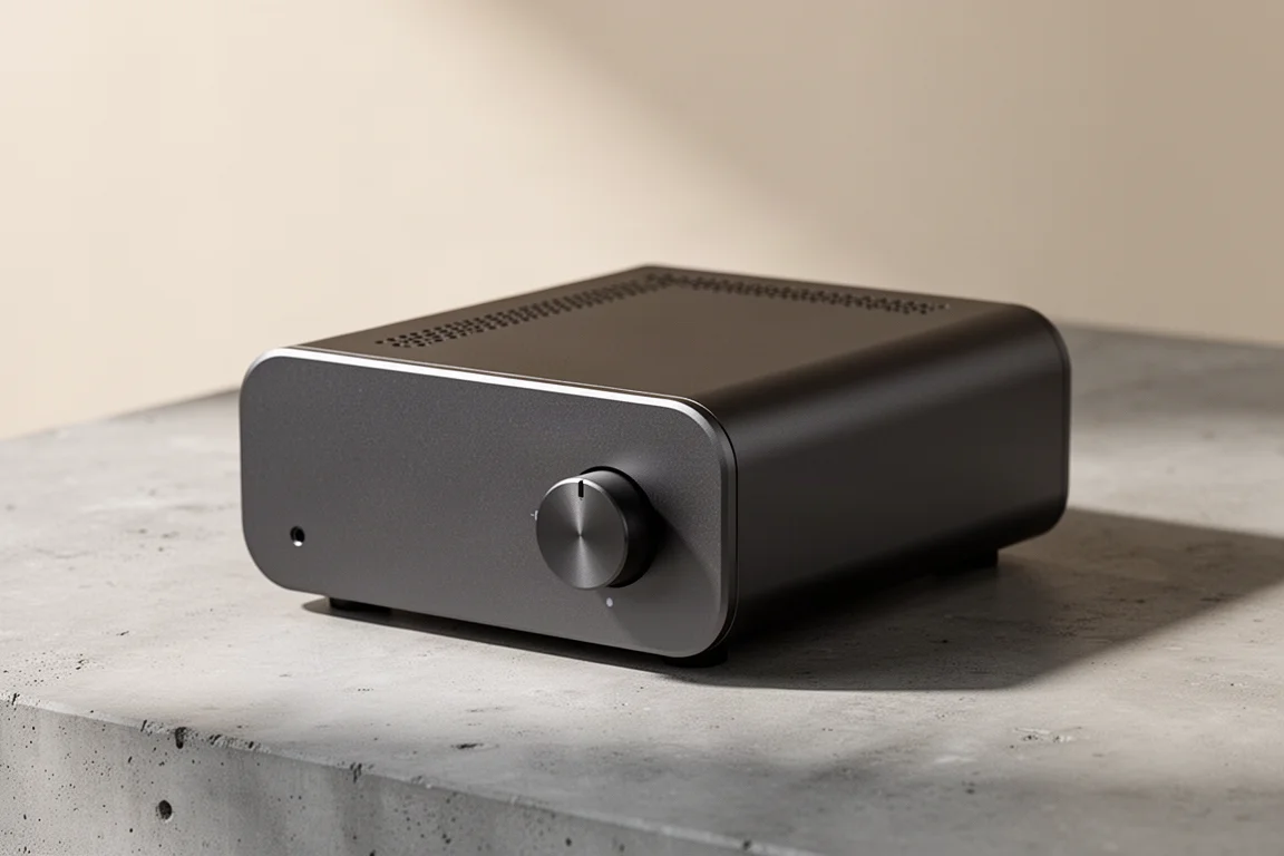 Compact dark grey streaming amplifier on an oak shelf beside small bookshelf speakers