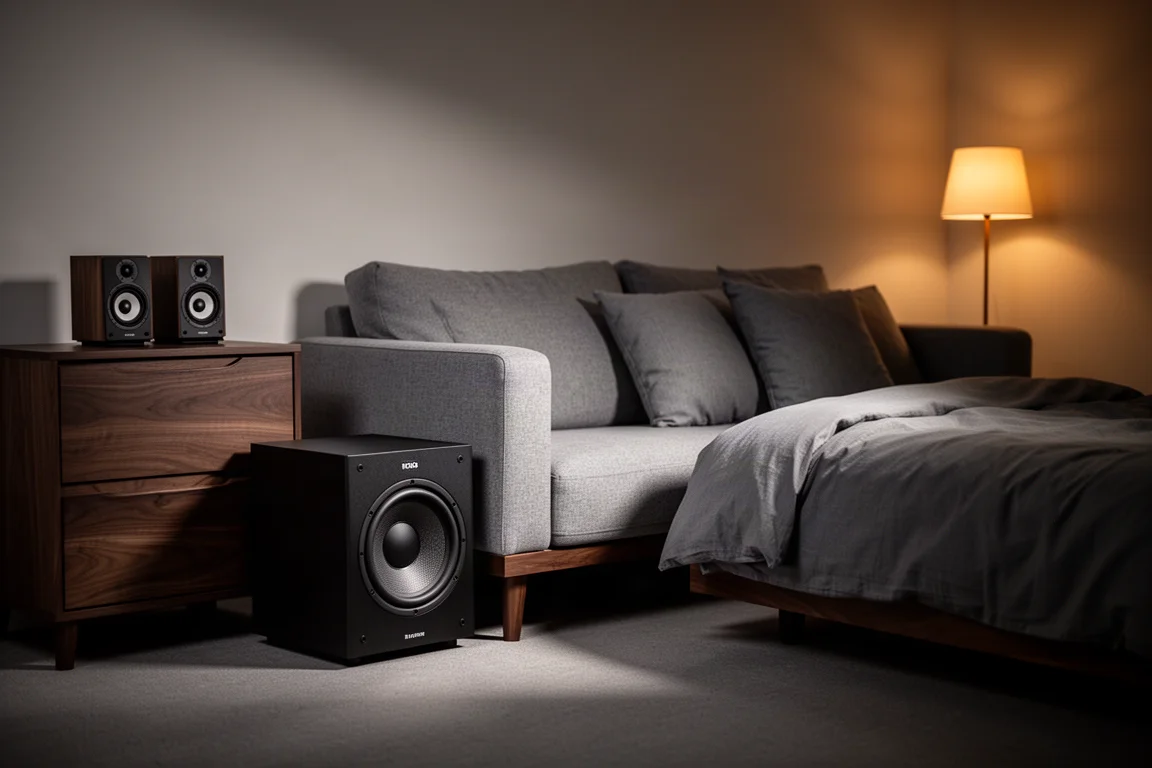 浅色橡木媒体柜上的两声道 Hi-Fi 系统,含放大器和音箱