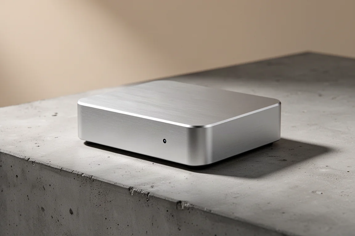 Compact aluminum streaming amplifier with a circular volume dial on a matte concrete surface