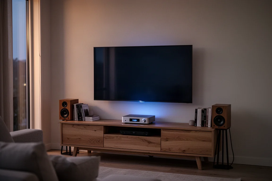 Amplificador de streaming compacto em um rack de madeira sob uma televisão em uma sala de estar tranquila