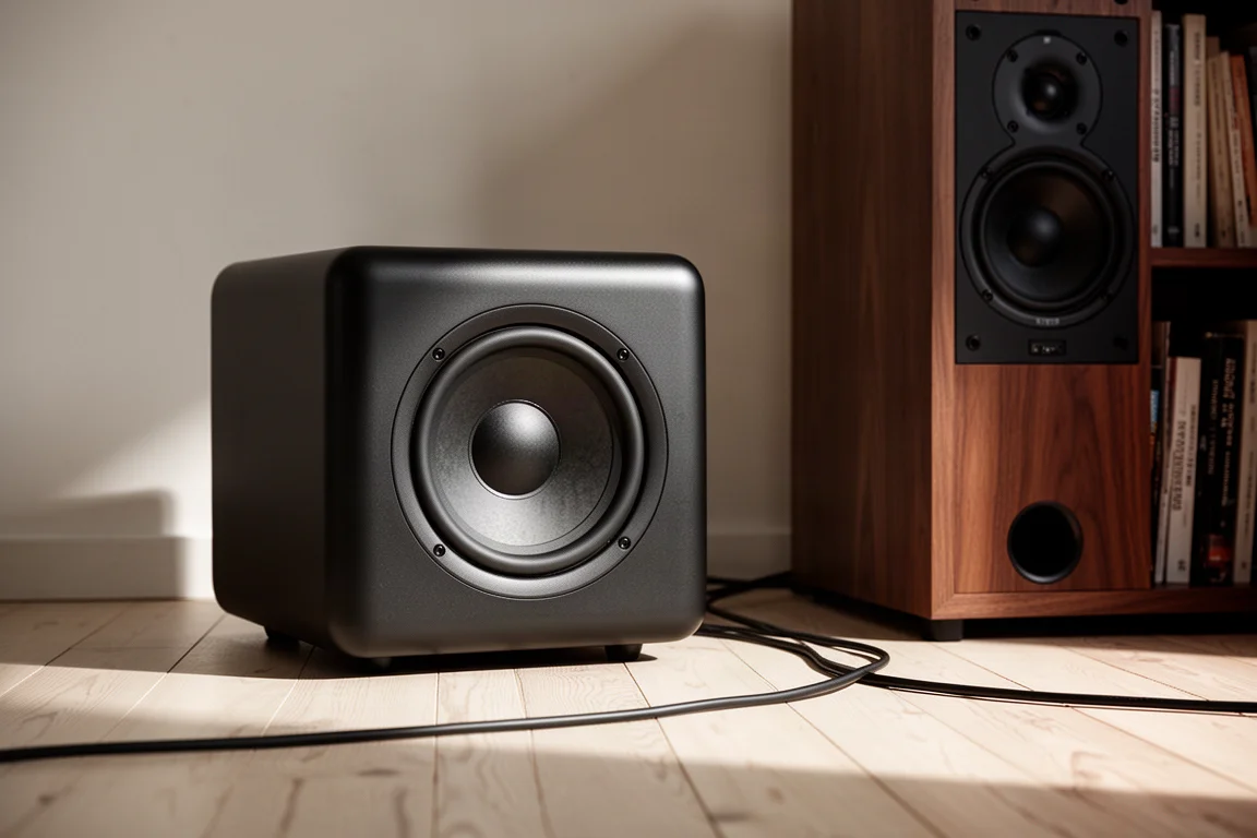 Subwoofer preto compacto em piso de madeira ao lado de uma caixa bookshelf com cabo de caixa acústica