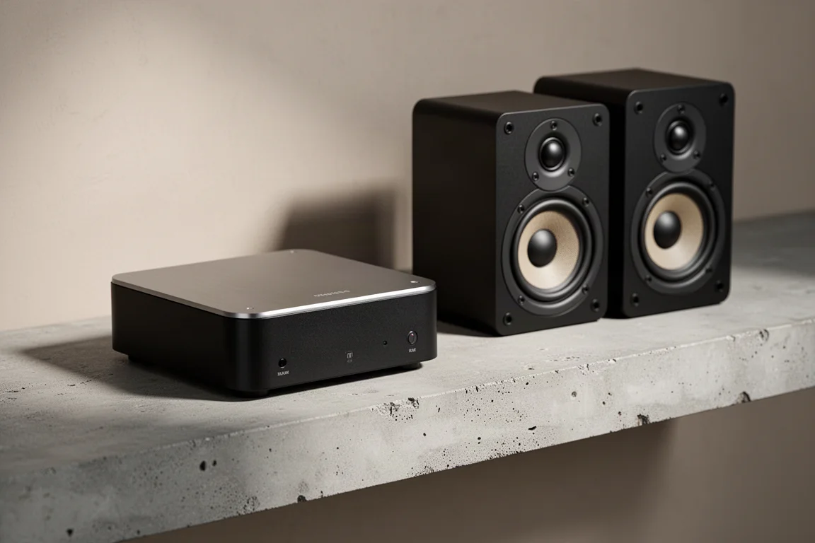 Compact black streaming amplifier beside a pair of bookshelf speakers on a concrete shelf