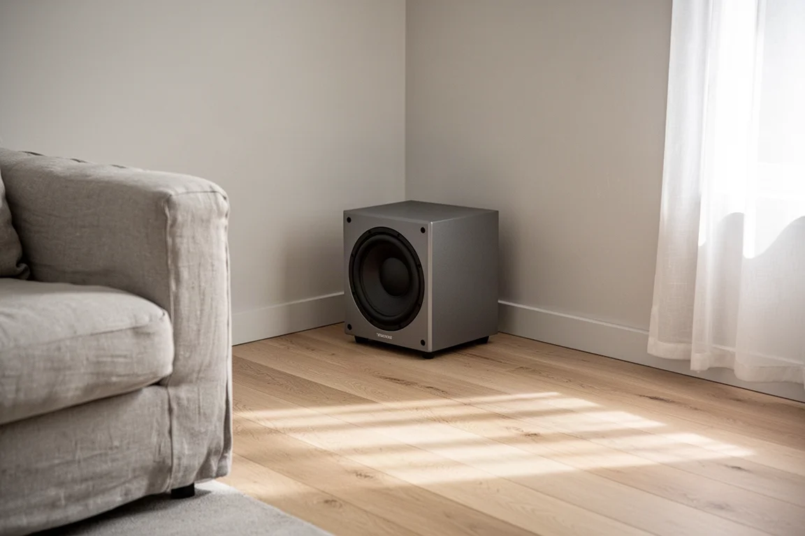 Petit caisson de basses dans le coin d'une pièce compacte avec une enceinte sur pied à proximité