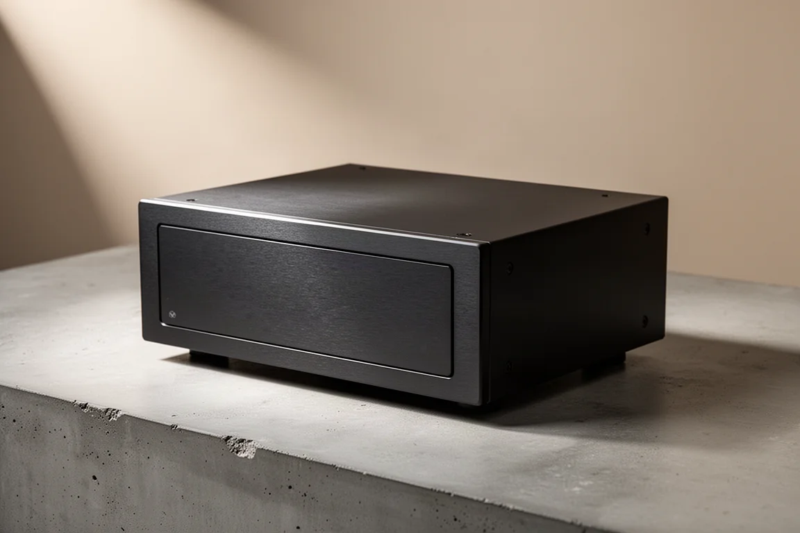 Compact dark grey streaming amplifier with touchscreen and volume dial on an oak sideboard