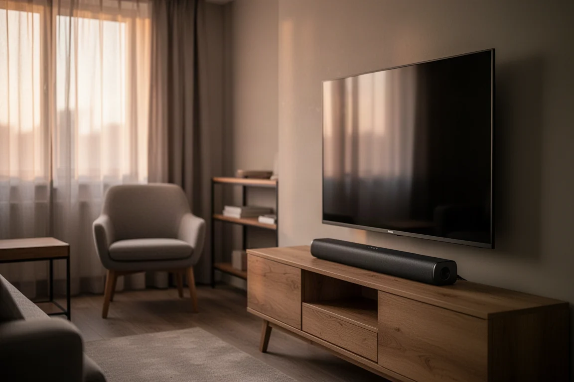 Kompakt soundbar under en väggmonterad tv i ett mjukt upplyst vardagsrum