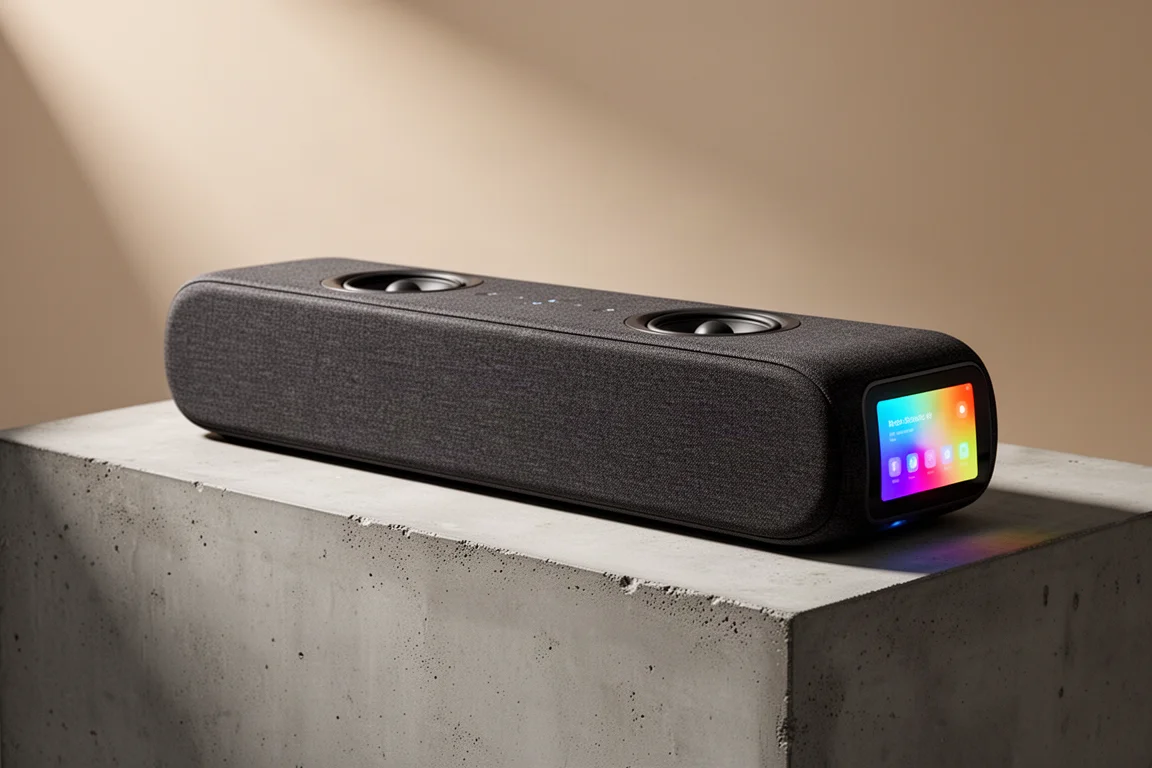Low-profile soundbar on a light oak media console in front of a slim television