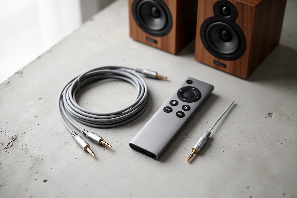 Vista cenital de cable óptico, mando a distancia fino y altavoces compactos sobre hormigón claro
