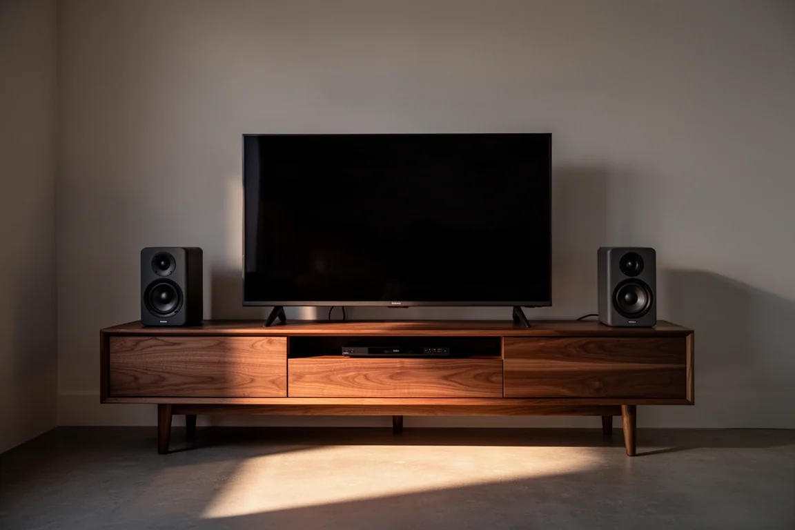 Mueble de salón al atardecer con la televisión apagada y altavoces compactos a cada lado