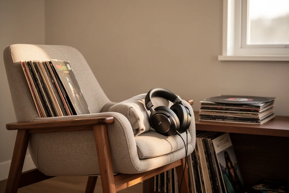 Sillón de escucha junto a estantería de madera con vinilos y auriculares bajo la luz de la tarde