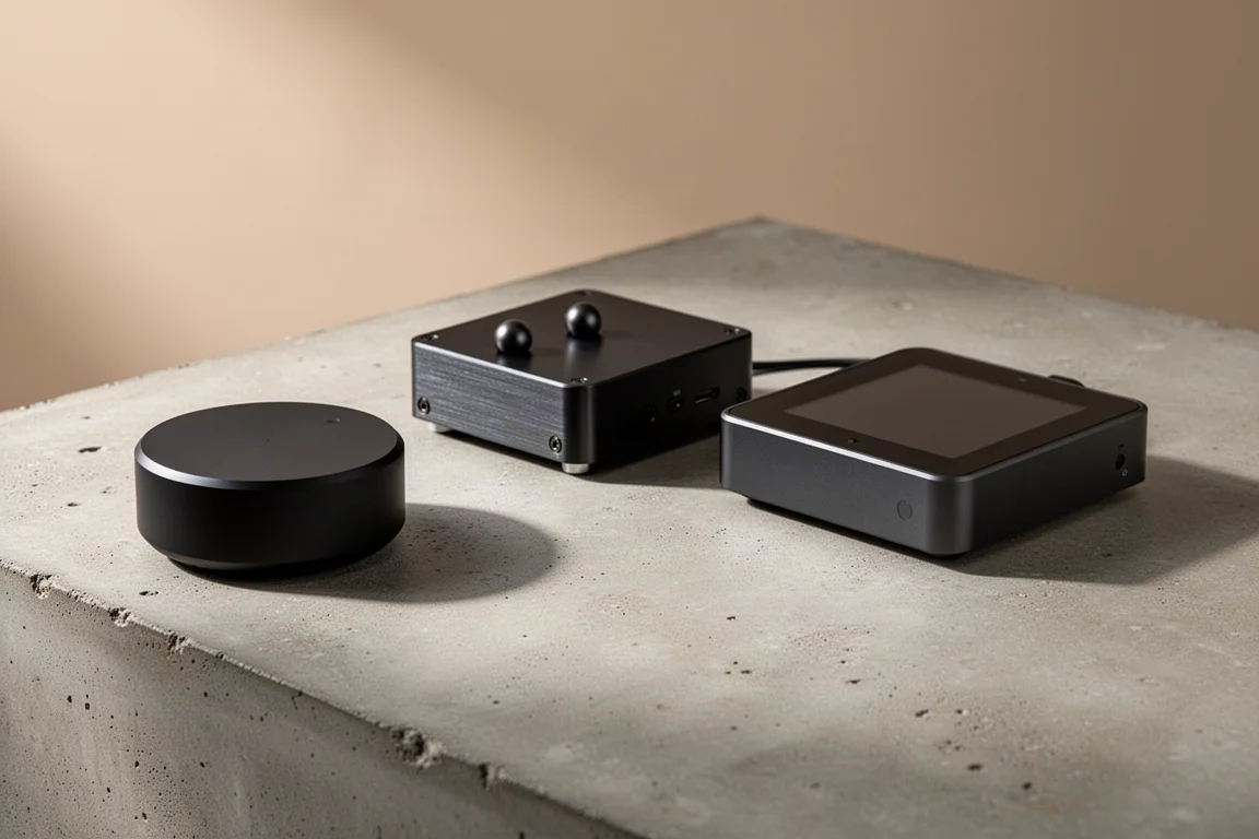 Puck-shaped streamer, compact DAC, and rectangular streaming player arranged on concrete